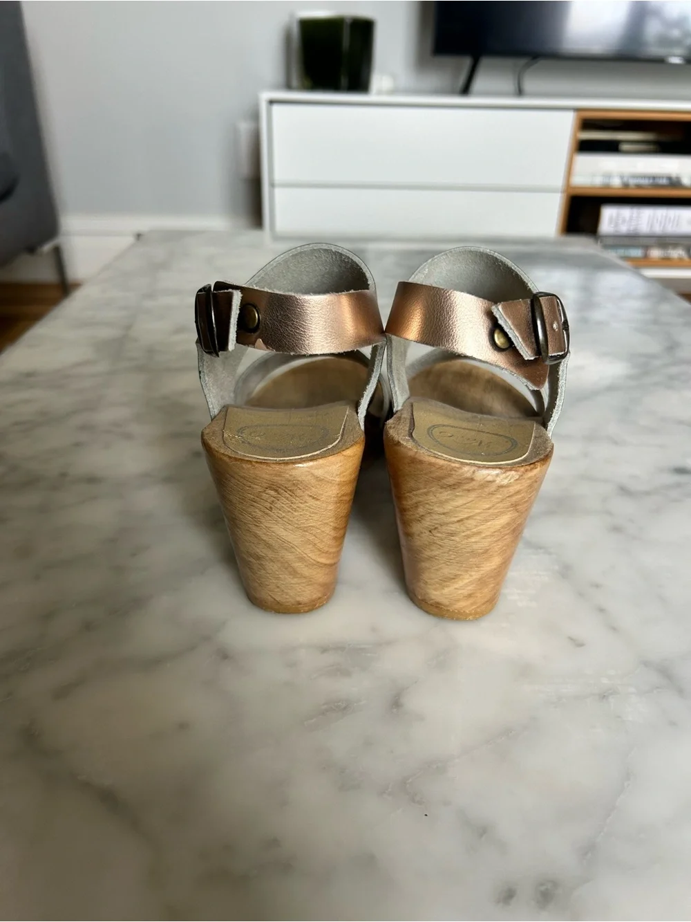 No. 6 Metallic Rose Gold Leather Platform Sandals